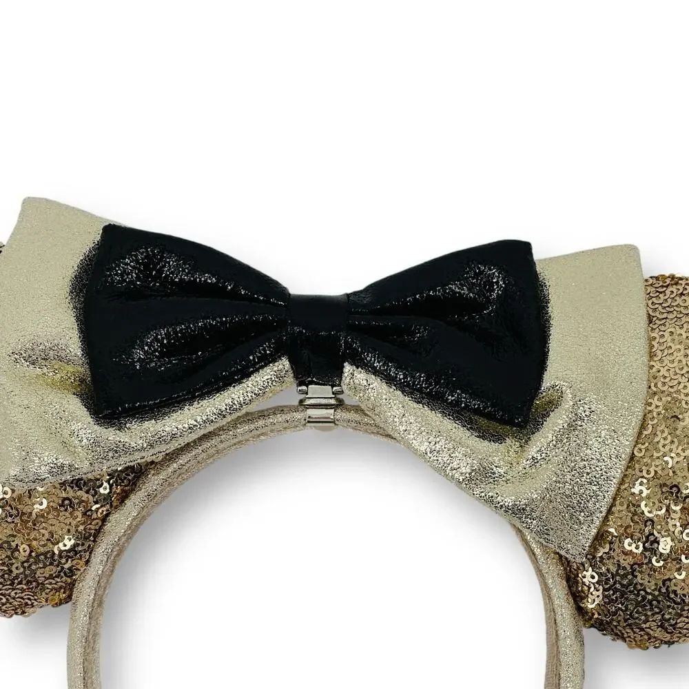 Disney Minnie Mickey Mouse 90th Birthday Sequin Bow Ears Headband Gold Black